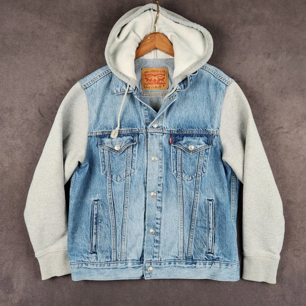 Levis Hybrid Hoodie Trucker Jacket Mens Medium Blue‎ Denim Grey Jersey Sleeves
